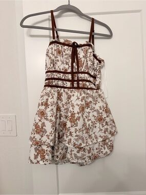 Francesca's Collections White Floral Tiered Sundress with Brown Trim